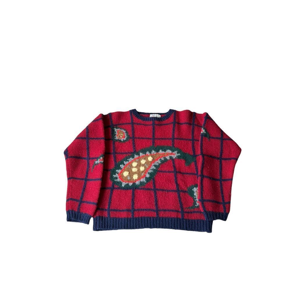 J.G. Hook Wool Paisley Check‎ Sweater - 100% Hand Knit Wool - Striped - size PM